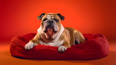 Studio shot of an adorable English Bulldog lying on a red sofa.の素材
