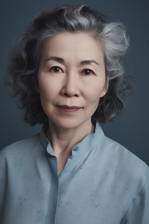 Portrait of beautiful senior asian woman with grey hair and blue shirtの素材