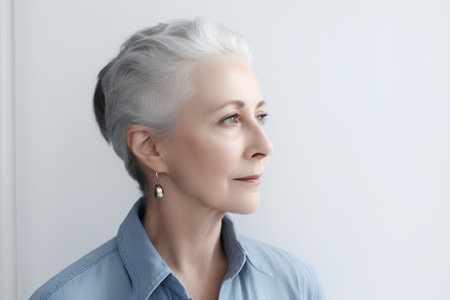 Portrait of a beautiful senior woman with gray hair on a light backgroundの素材