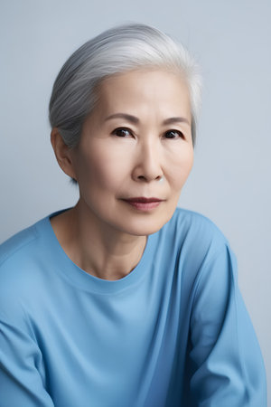 Portrait of asian senior woman with grey hair and blue t-shirtの素材