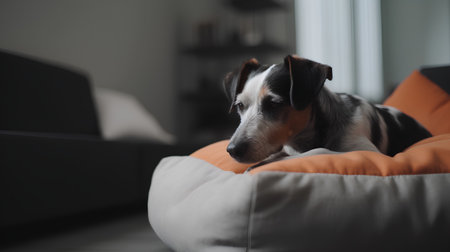 Jack russell terrier dog on an orange sofa at homeの素材