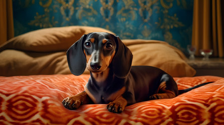 Dachshund dog lying on a bed at home. Selective focus.の素材