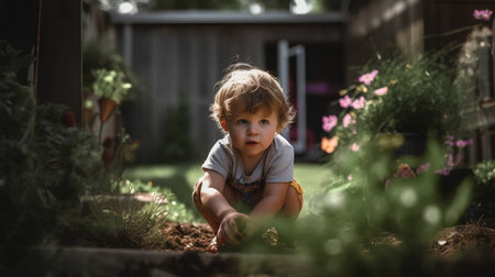 Cute little boy planting flowers in the garden. Selective focus.の素材