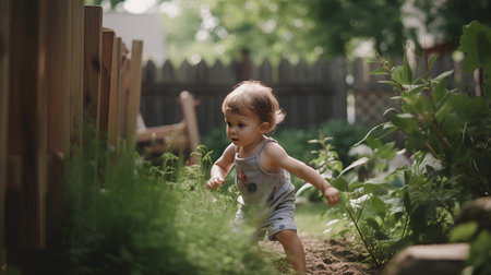 Cute little boy playing in the garden. Happy childhood concept.の素材