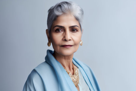 Portrait of mature woman with grey hair wearing blue scarf and looking at cameraの素材