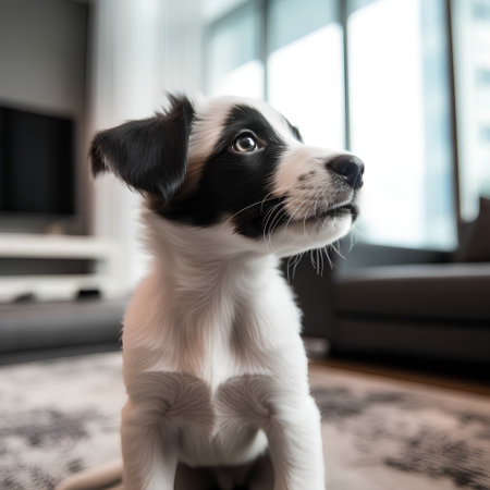 Cute puppy of Border Collie sitting on the floor at homeの素材