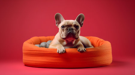 Cute French Bulldog puppy sitting in an orange dog bed on a red backgroundの素材