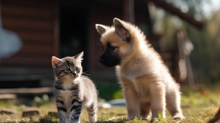 Kitten and puppy playing together in the garden on a sunny dayの素材