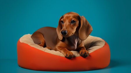 Dachshund dog in a dog bed on a blue backgroundの素材