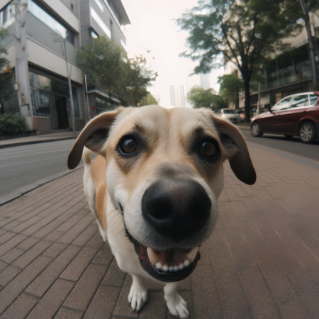 Portrait of a cute dog on the street in the city.の素材