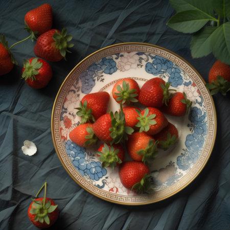 Strawberries in a plate on a dark background, top viewの素材