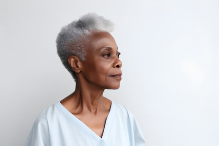Portrait of senior african american woman with grey hair against white backgroundの素材