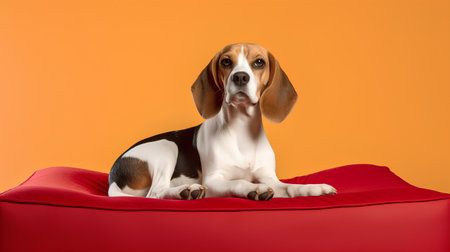 Studio shot of cute Beagle dog sitting on red sofa against orange backgroundの素材
