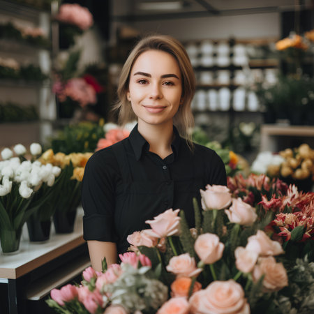 Portrait of young female florist standing in flower shop.の素材