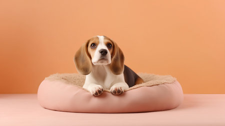 Cute beagle puppy lying in a dog bed on a pink backgroundの素材