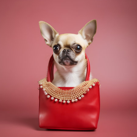 Funny chihuahua puppy wearing a red bag on a pink backgroundの素材