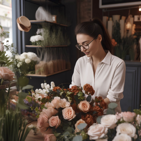 Beautiful young woman florist in eyeglasses making bouquet in flower shopの素材