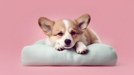 Cute welsh corgi puppy lying on pillow over pink backgroundの素材