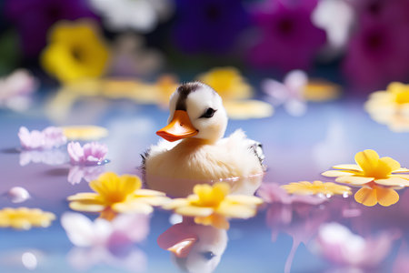 Cute little duckling on a background of spring flowers, selective focusの素材