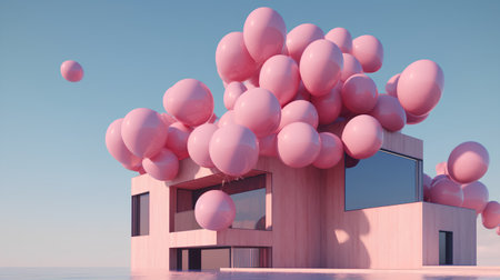 3D render of a modern house with pink balloons in the skyの素材