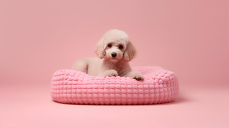 Cute poodle lying on a pink pillow isolated on pink backgroundの素材