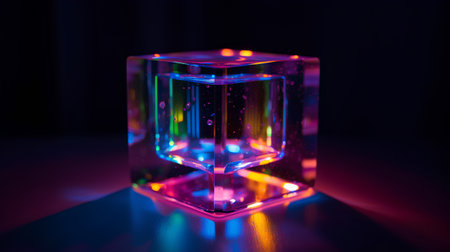 3d illustration of crystal cube with colorful lights on black background.の素材