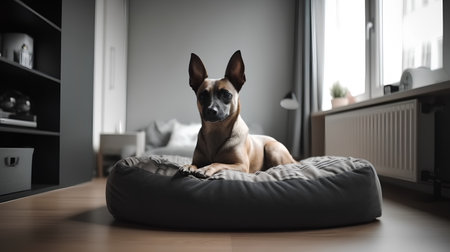 Handsome dog lying on a beanbag at home in the living roomの素材