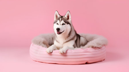 Cute siberian husky puppy sitting in a pink dog bedの素材