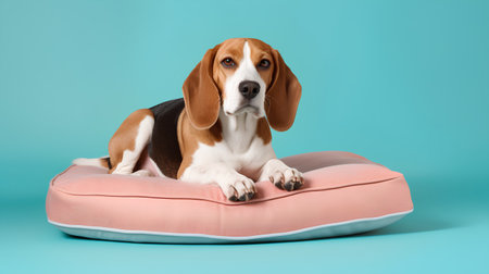 Studio shot of a cute beagle dog sitting on a pink beanbag over blue background.の素材
