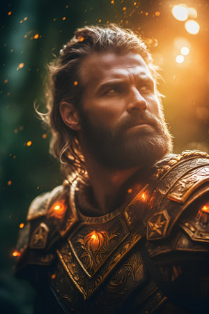 Portrait of a bearded medieval warrior in armor on the background of the forest.の素材