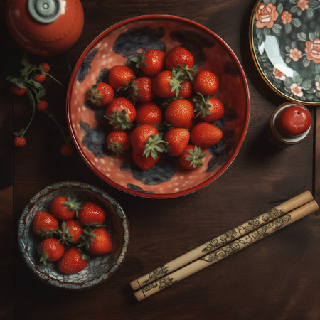 Strawberries in a bowl on a wooden table, top viewの素材