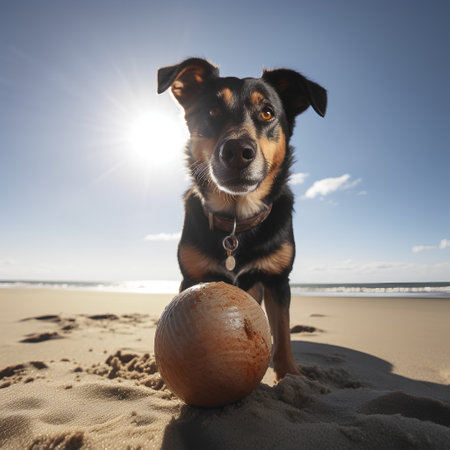 Dog on the beach with a ball in his mouth, looking upの素材