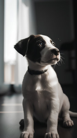 Jack Russell Terrier puppy sitting on the floor in black and whiteの素材