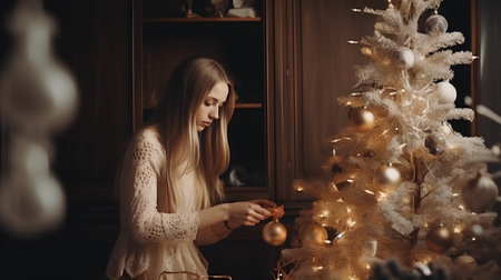 Beautiful young woman decorating Christmas tree at home. Christmas and New Year concept.の素材