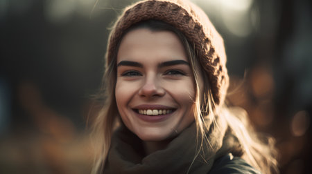 Portrait of a beautiful smiling girl in a warm hat and scarfの素材