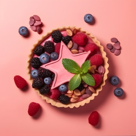 Strawberry and blueberry tart with mint leaves on pink backgroundの素材