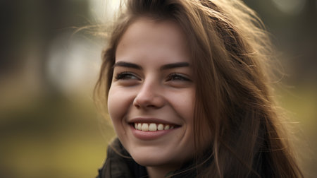 Portrait of a beautiful young woman with long brown hair in the autumn parkの素材