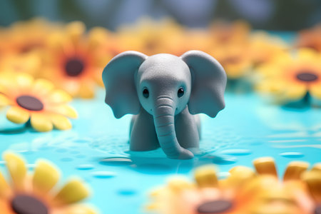 Cute baby elephant on a blue background with flowers. 3d renderingの素材