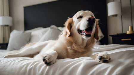 Golden Retriever dog lying on the bed at home in the morningの素材