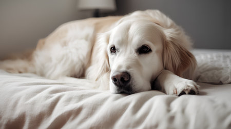 Cute Golden Retriever dog lying on a bed at homeの素材