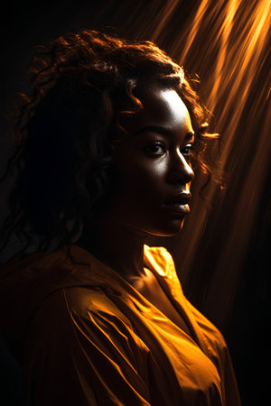 beautiful african american woman in orange raincoat on blackの素材