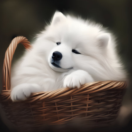 Samoyed puppy in a wicker basket. Digital painting.の素材