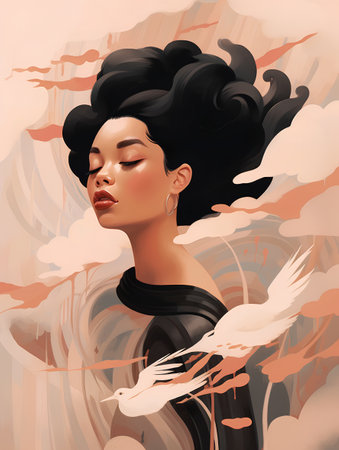 Beautiful girl with black hair and angel wings. Fashion illustration.の素材
