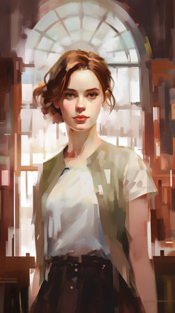 Portrait of a beautiful young woman in the city. Digital painting.の素材