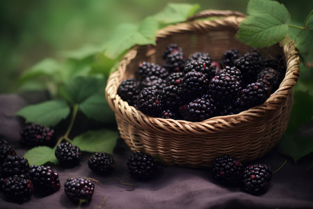 Blackberries in a wicker basket on a dark background. Selective focus.の素材