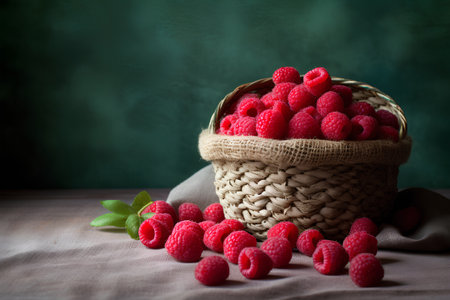 Ripe raspberries in a wicker basket on a green backgroundの素材