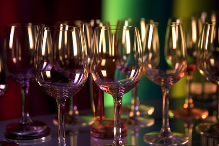 Glasses for wine on a background of colored lights. Close-upの素材