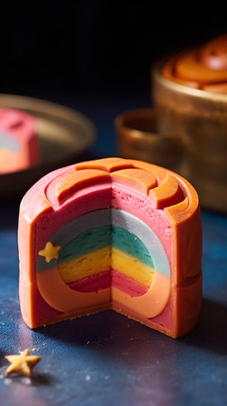Colorful candies in the shape of a rainbow on a dark backgroundの素材