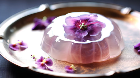 Panna cotta with violet flowers on a metal plate. Selective focus.の素材