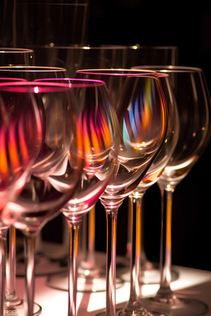 Glasses of red and white wine with reflection on a black backgroundの素材